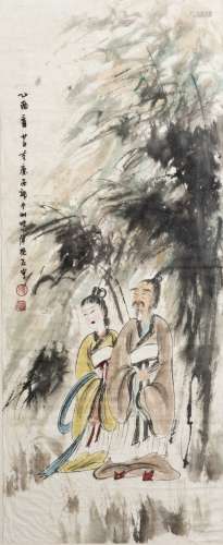 A CHINESE PAINTING OF FIGURES WITH GLASS FRAME