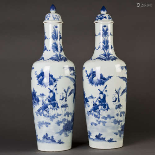 TWO BLUE AND WHITE PORCELAIN VASES WITH LID