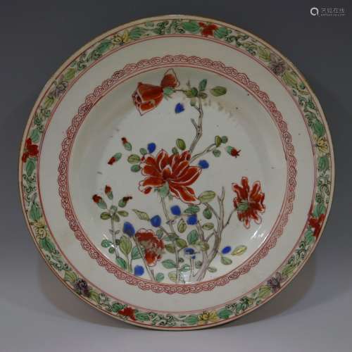CHINESE ANTIQUE FAMILLE ROSE PORCELAIN PLATE - 17TH CENTURY KANGXI PERIOD