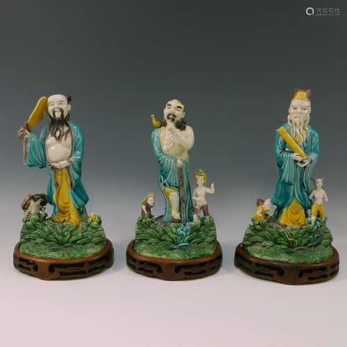 CHINESE ANTIQUE SET OF 3 IMMORTALS FIGURE - DU YUNLONG MARK