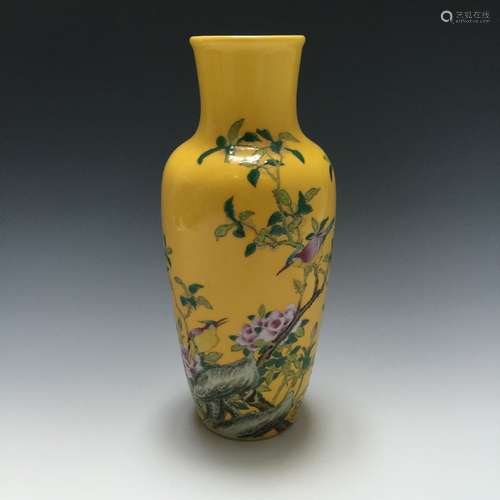 A YELLOW-GROUND ENAMELLED FLOWER VASE, YONGZHENG MARK