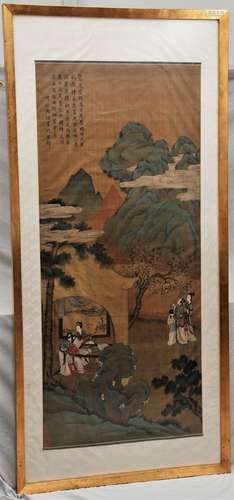 Painting. China. 19th Century. Signed Chou Fan, with two seals. Ink and colours on silk. Scene of women and children in a palace garden. 61