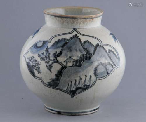 Porcelain jar. Korea. 18th century. Underglaze blue decoration of reserves of landscapes and sprigs of bamboo leaves and crackled surfaces (age lines at the neck). 9-1/2