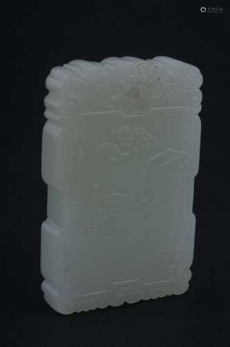 Jade plaque. China. 18th century. Litchee white stone. Surface carved with scholars playing chess. 2-1/4