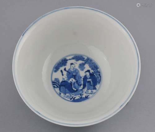 Porcelain bowl.  China. Kuang Hsu mark and probably of the period. Underglaze blue decoration of the eight immortals on the exterior, interior decorated with the three Gods of wealth and longevity. 8-1/4
