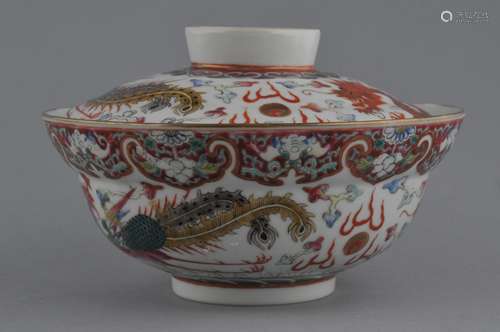 Porcelain covered bowl. China. Kuang Hsu (1875-1908) and of the period. Iron red dragons with Famille Rose phoenixes. 7