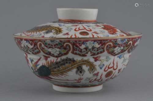 Porcelain covered bowl. China. Kuang Hsu (1875-1908) and of the period. Iron red dragons with Famille Rose phoenixes. 7