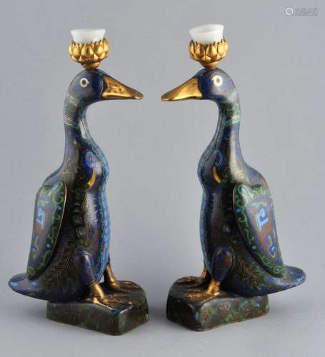 Pair of Cloisonné candleholders. China. 20th century. Ducks with white jade candleholders. 11