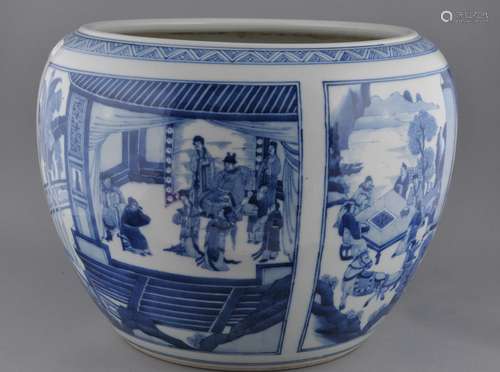 Porcelain fish bowl. China. 19th century. Globular form. Underglaze blue decoration of historical scenes. 14