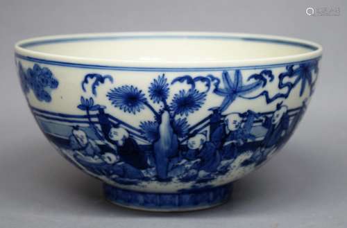 Porcelain bowl. China. Ch'ia Ching mark. (1796-1820) and probably of the period. Underglaze blue decoration of children playing in a garden. 8