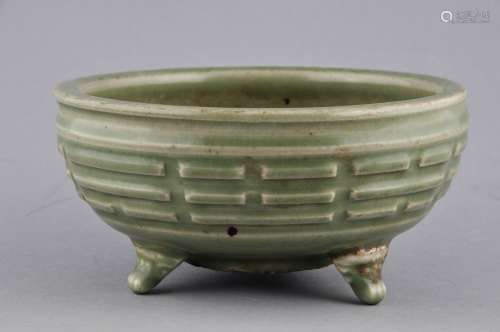 Celadon censer.  China. Ming period (1368-1644). Lung Chuan ware. Tripod base with the body carved with the trigrams. Sea green Celadon colour. 6-3/4