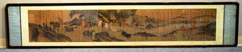 Handscroll. China. 18th/19th century. Ink and colours on silk. Scene of horses in a landscape. Brocade mounts. Framed and glazed. Old repairs. 75