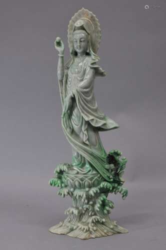 Large Jade  carving. China. 20th century. Standing figure of The Goddess of Mercy - Kuan Yin. Apple green with areas of grey lavender. 19-1/2