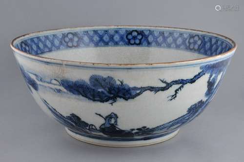 Large porcelain bowl. China. Underglaze blue decoration of figures in a landscape. Ch'ieng Hua mark. 15-3/4