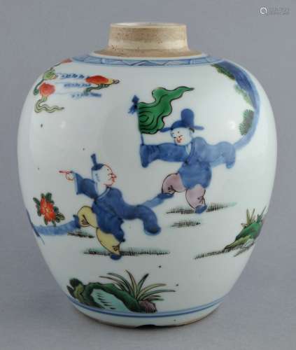 Porcelain jar. China. 19th century. Oviform Wu Tsai decoration of  children playing. 5