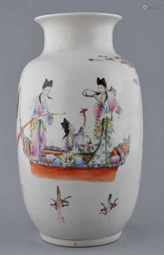 Porcelain vase. China. Early 20th century. Famille Rose decoration of Immortals on boats all on a scraffeto white ground. 9