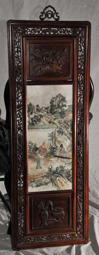 Early 20th century Chinese elaborately carved frame. Scenic hand painted marble plaque. 50