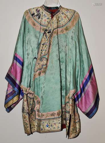 Silk Robe. China. 19th century. Sea green brocade with embroidered flowers.