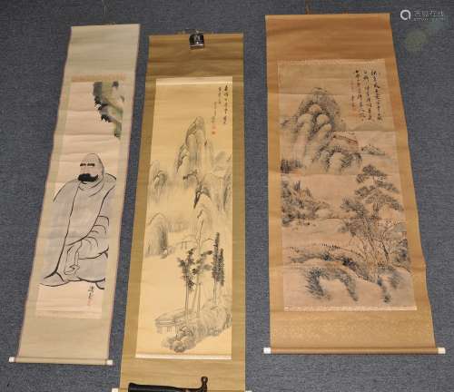 Three scroll paintings. Japan. 20th  century. Ink and slight colours on paper. One of Daruma and two of landscapes. (1.) Scene size: 52