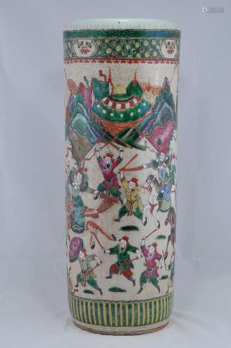 Porcelain umbrella stand. China. Late 19th/Early 20th century. Cylindrical form. Famille Rose historical scene on a crackled 