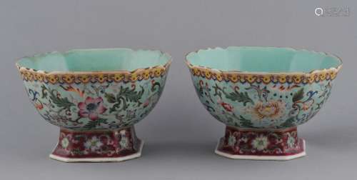 Pair of porcelain bowls. China. 19th century. Footed form, octagonal shape with a scalloped top. Decoration of flowers on a turquoise ground. Ch'ien Lung mark. 6-1/4