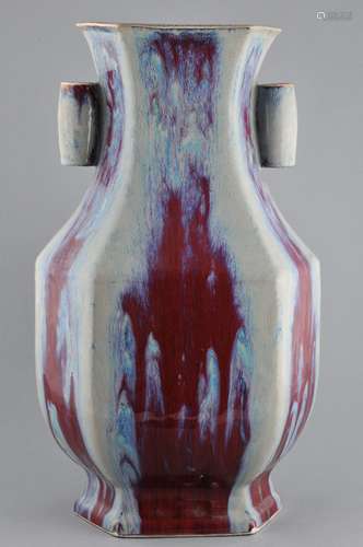 Porcelain vase. China. Late 19th century. Octagonal form. Lang Yao glaze of blue with stripes of magenta. 17-1/2