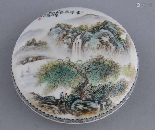 Seal paste box. China. Republican Period. Famille Verte landscape decoration with a poem. Signed with a seal on the base. 4-1/4