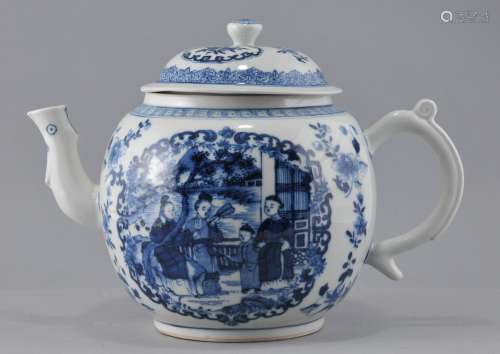 Porcelain teapot. China. 19th century. Underglaze blue decoration of figures and flowers. 11