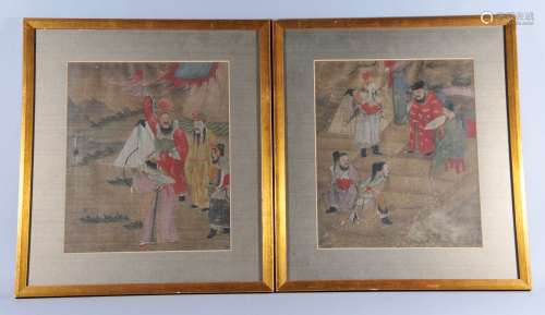 Two album leaves. China. 19th century. Ink and colors on silk. Historical scenes. 14