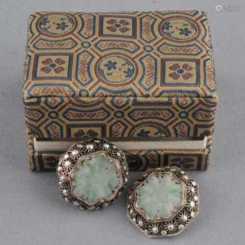 Pair of Earrings.  China. Early 20th century. Filigree silver set with green jade carved as flowers. 1