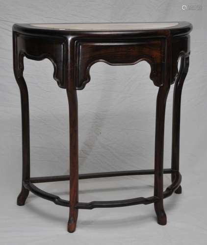 Half Moon table. China. 19th century. Hung Mu. Top inset with a marble plaque. 32-1/2