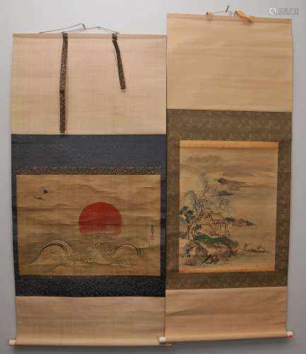 Two Scroll paintings. Japan. 19th century. Ink and slight colours on paper and silk. One with rustic lakeside cottage, the other the sun and a crane. (1.) Scene size: 21