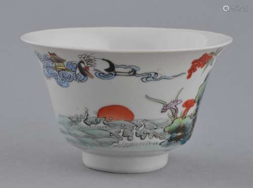 Porcelain cup. China. Early 20th century. Bell form. Famille Rose decoration of cranes and Ling Chih. 4-1/4