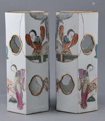 Pair of porcelain hat stands. Tung Chih mark (1861-1875) and of the period. Hexagonal form with pierced openings. Famille Rose decoration of women. 11