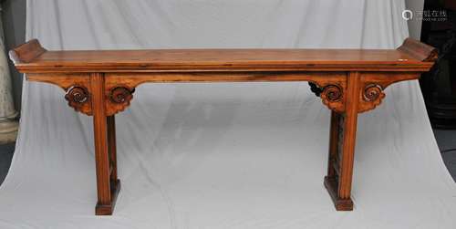 Altar table. China. 19th century. With later restorations. Elmwood with carved and pierced side aprons. 92