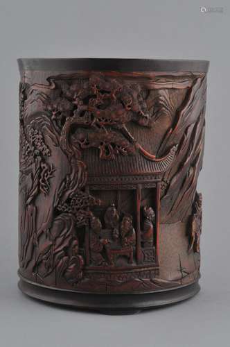 Bamboo brush pot. China. 18th century. Finely carved with figures in a mountain landscape. Signed Wang Yuan Ku.  5-1/2