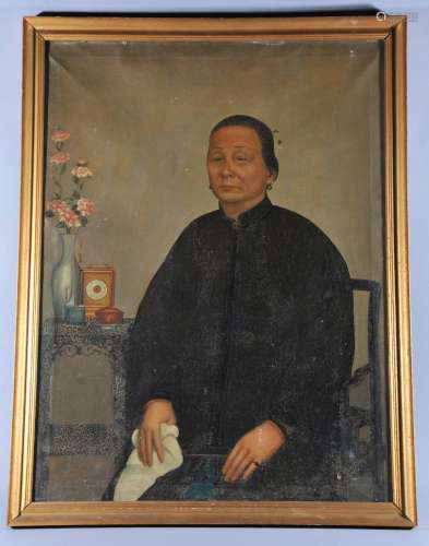 Chinese Export painting. Late 19th century. Oil on canvas. Painting of a seated woman in a room interior. 29