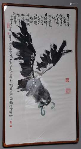 Scroll painting. China. 20th century. Ink and colours on paper. Bird of prey with its quarry. Signed Lian Tian Zhu (1916-2011). 39