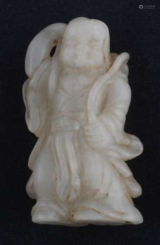 Jade carving. China. 19th century. White stone. Carving of Liu Hai with a string of cash coins. 2-1/4
