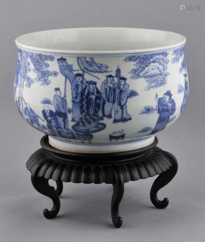 Porcelain censer. China. Transitional style and possibly of the period. Underglaze blue decoration of a Buddhist ceremony. 10