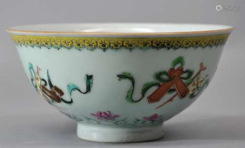 Porcelain bowl. China. 19th century. Celadon ground with Famille Rose decoration of the Emblems of the Immortals. Ch'ien Lung mark. 6