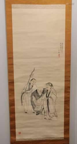 Scroll painting. Japan. 19th to early 20th century. Ink and slight colours on silk. Scene of three immortals. Scene size: 50