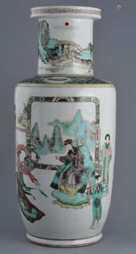 Porcelain vase. China. 19th century. Roleau form. Famille verte court scene. K'ang Hsi mark on the base. 15