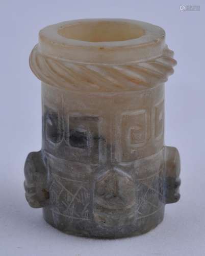 Jade Cylinder. Archaic style. Grey and white stone with a rope mark, scrolling and cicadas. 1-1/2