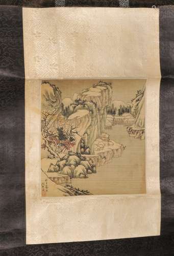 Album leaf. Scroll. China. 18th century. Ink and  colours on silk. Spring landscape. Signed by a member of the Chou family. Sight size: 8