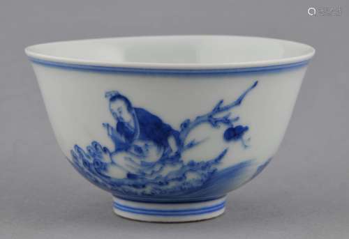 Porcelain cup. China. 20th century. Underglaze blue decoration of an immortal on a raft. K'ang Hsi mark on the base.  3-3/4