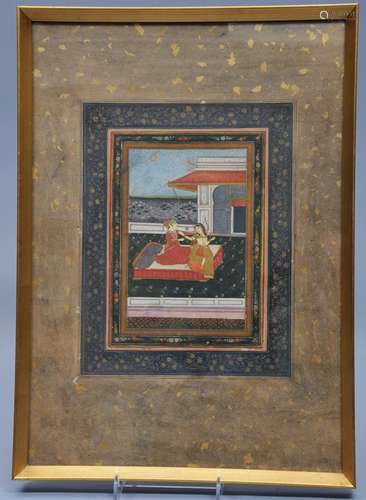 Indian miniature painting. 19th century. Two lovers on a veranda by a lotus pond. 10