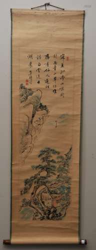 Scroll painting. Japan. Late 19th/Early 20th century. Ink and slight colours on paper. Landscape with boat.  Scene size: 39