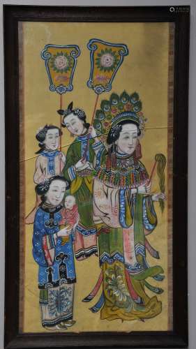 Hanging scroll. China. 19th century. Ink and colours on paper. Woman with a child and three attendants. 30