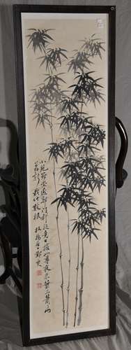 Hanging scroll. China. 20th century. Ink on paper. Bamboo. Signed. Sung Peng Chou. 52-1/2